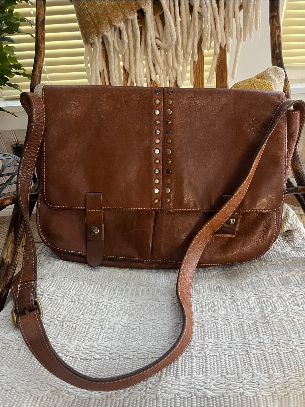 Patricia Nash Chestnut Leather Studded Crossbody Messenger